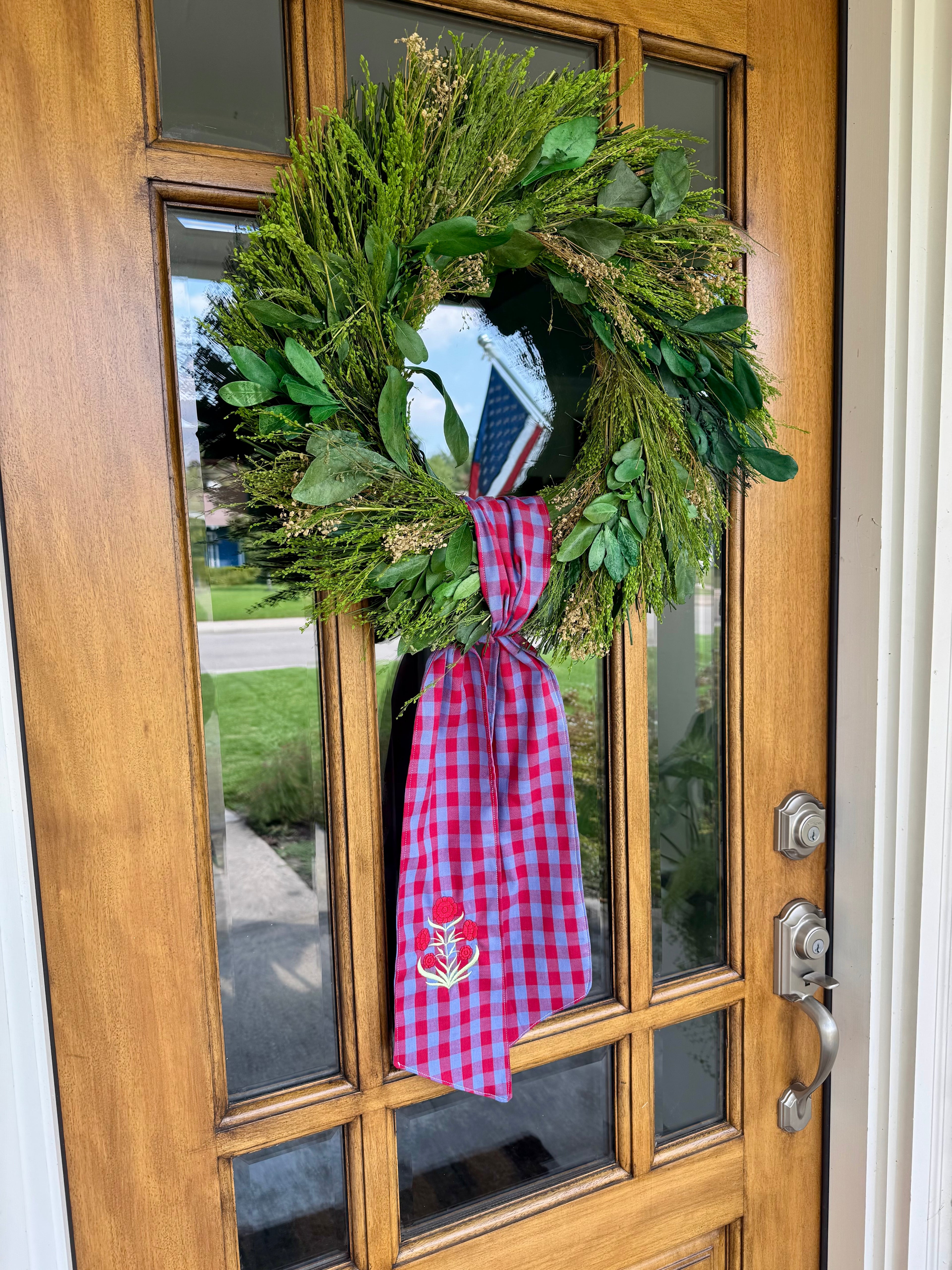 Red and Blue Gingham Block Print Flower Wreath Sash