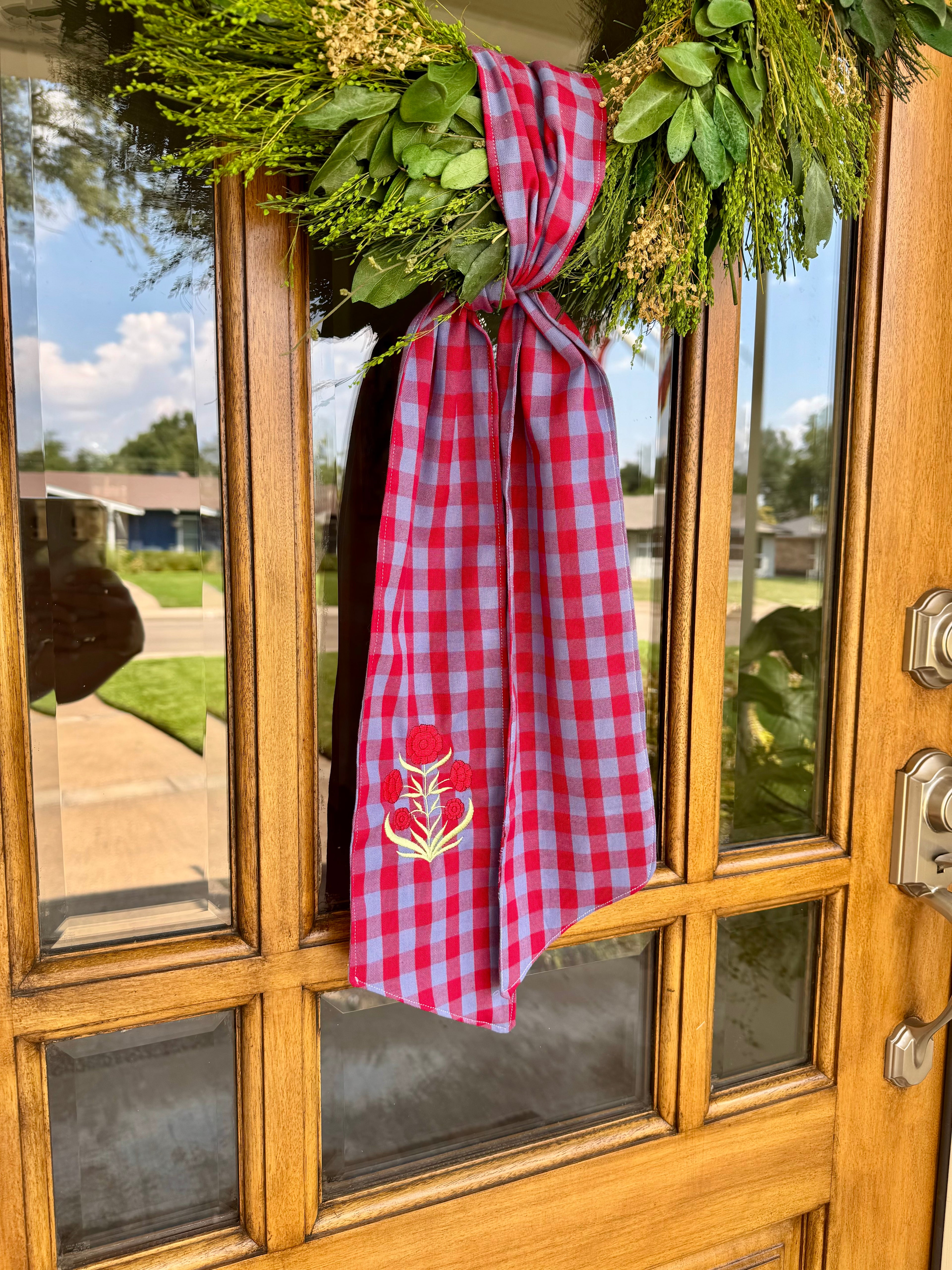 Red and Blue Gingham Block Print Flower Wreath Sash