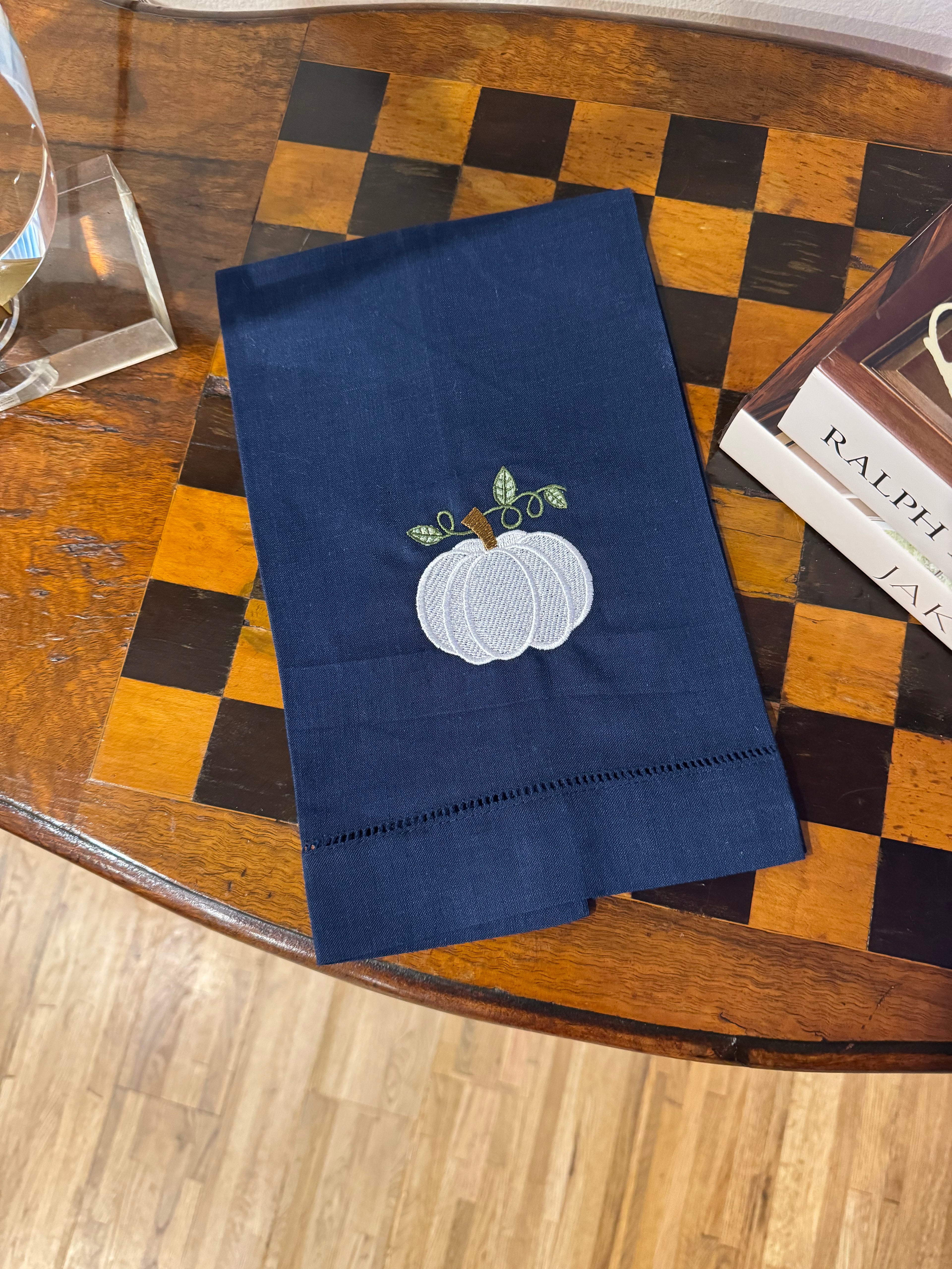 White Pumpkin on Navy Tea Towel