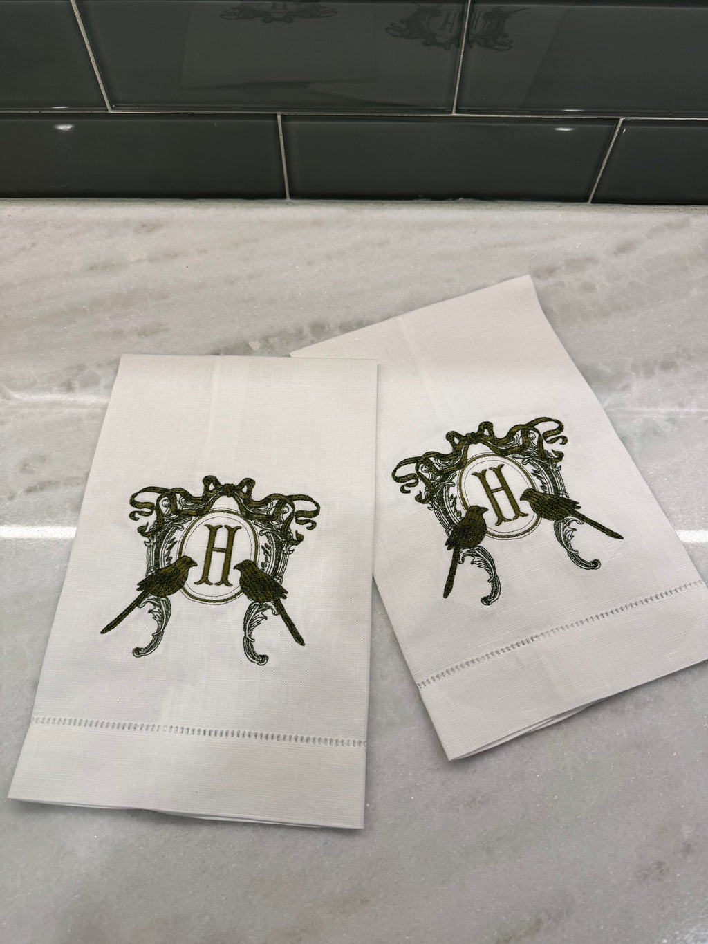 Bird Frame with Initial Tea Towel