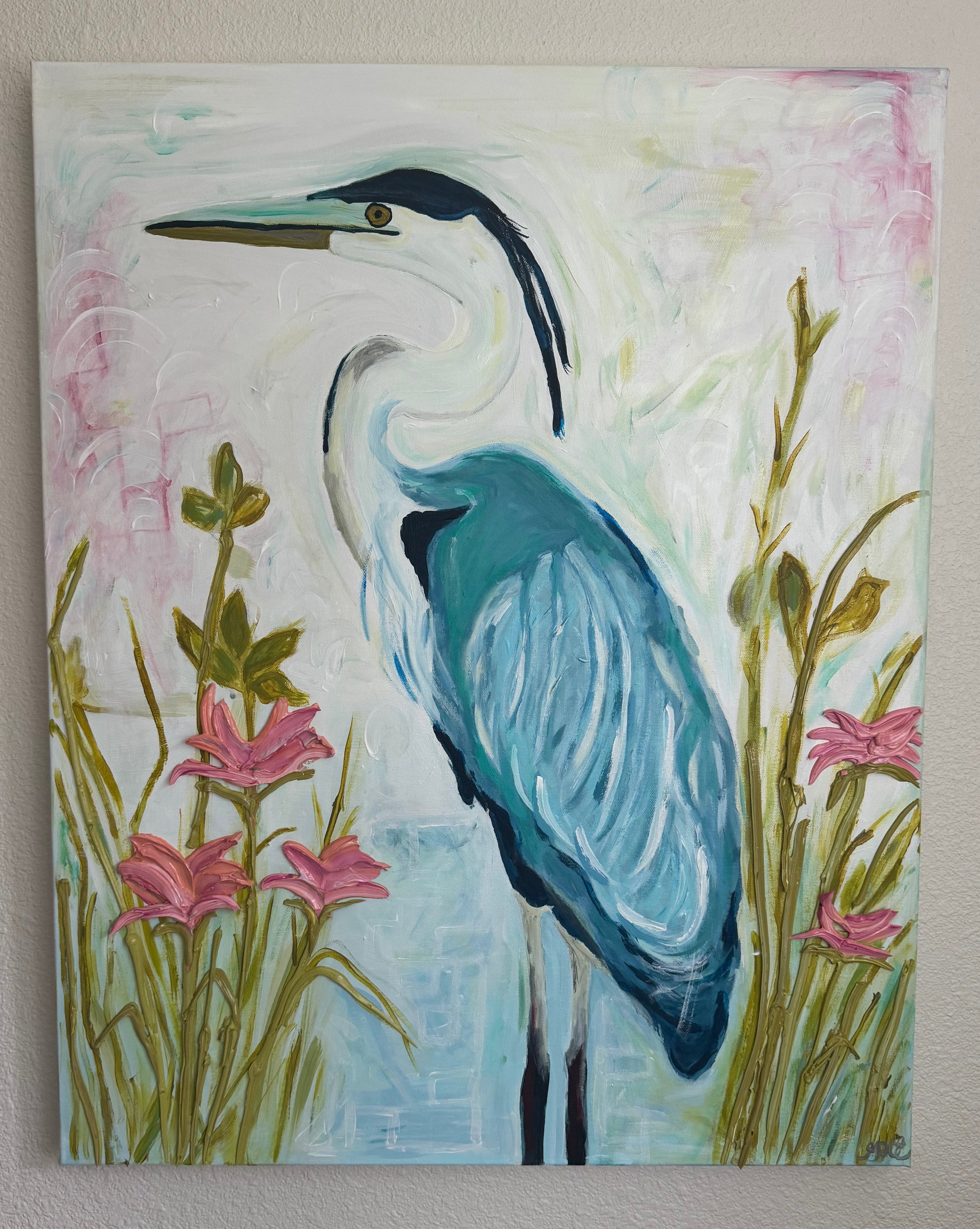 Great Blue Herron with Pink Blooms